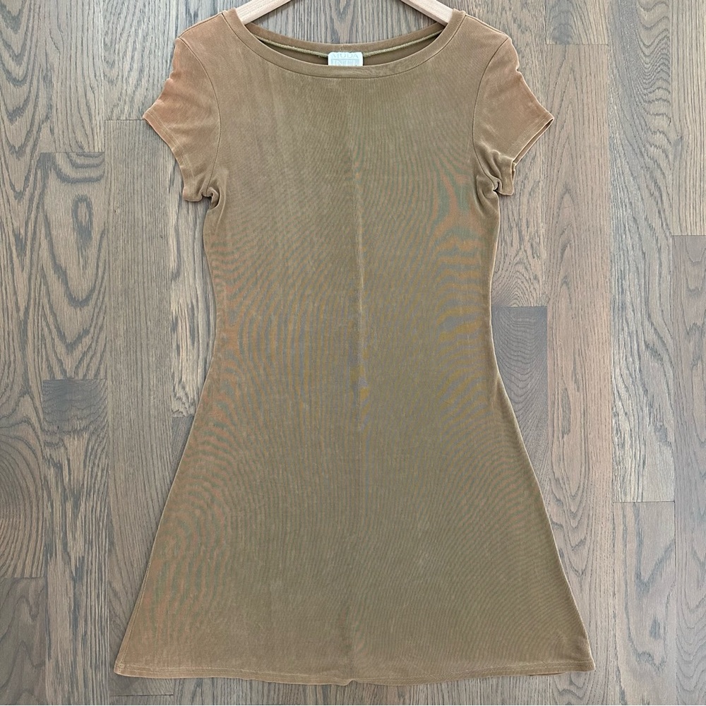 Vintage Knit Jersey Short Sleeve Crew Neck Swing Dress Olive / Rust Ombre Small